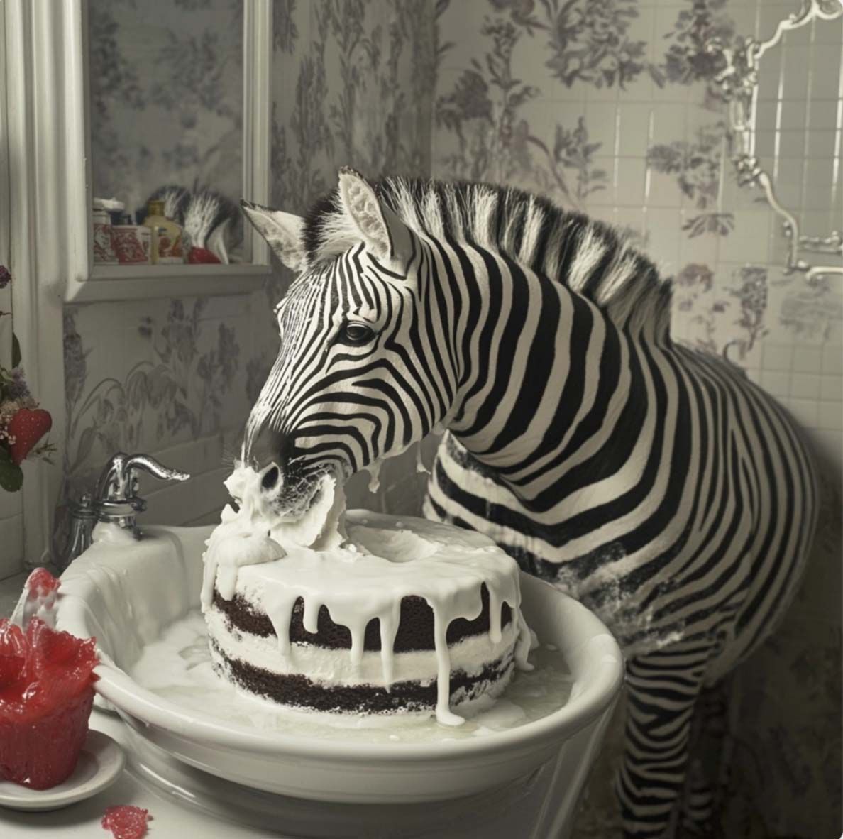 A zebra eating a frosted cake from a sink